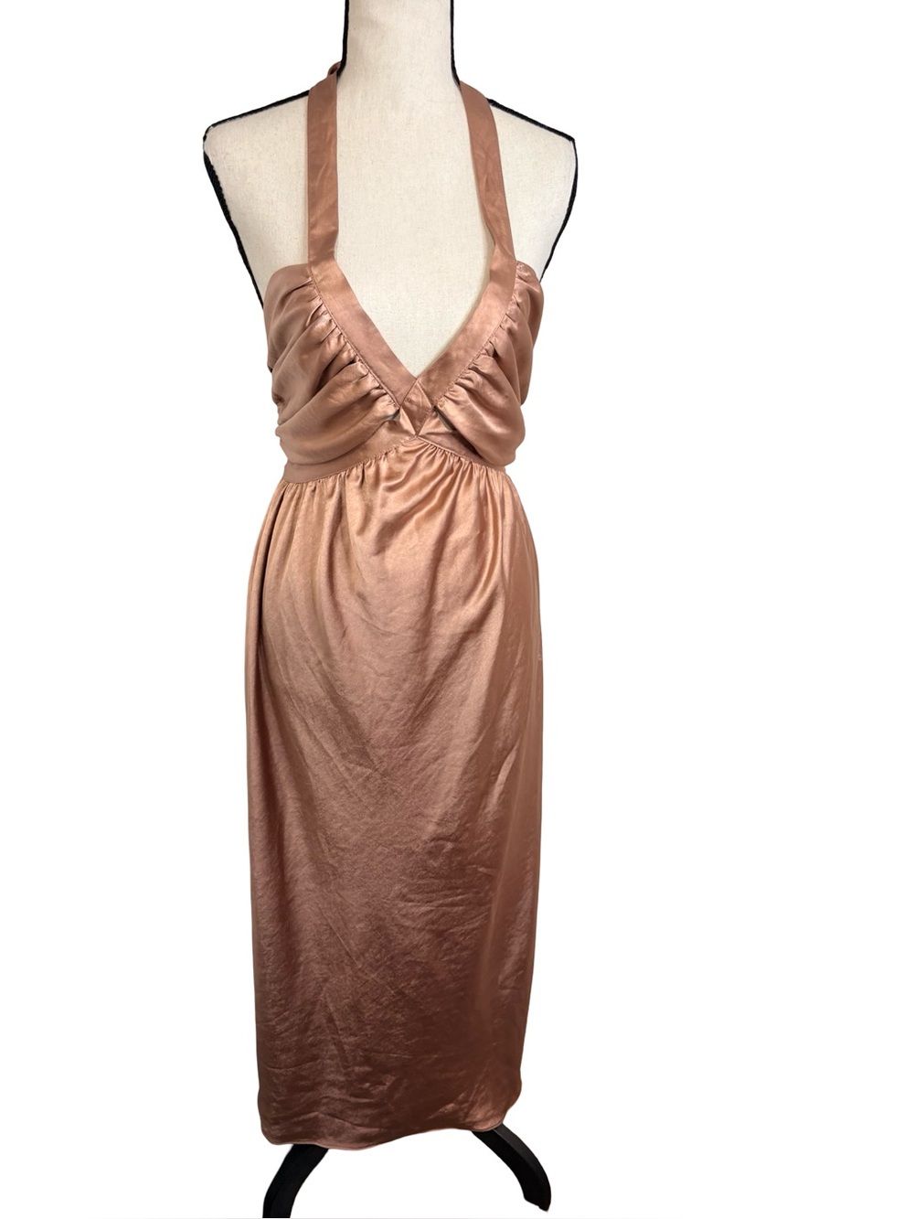 Line & Dot Emma Cut Out Satin Halter Midi Dress Rose Gold XS BNWT